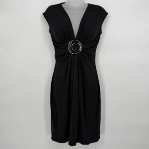 VTG Cache‎ Sz M Ruched Black V Neck Mini Dress w/ Buckle Open Back Y2K Stretchy